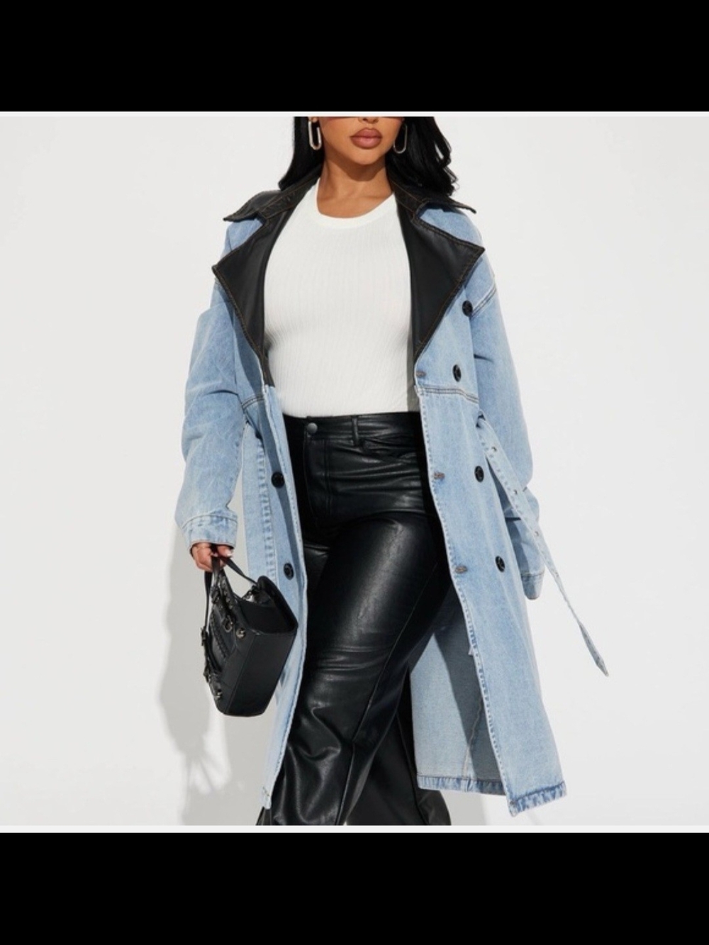 Fashion Nova Light Blue Denim Trench Coat with Black Faux Leather Collar